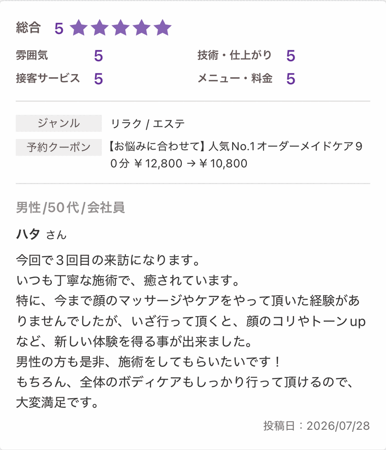 3回目に来店された50代男性からのホットペッパー口コミ